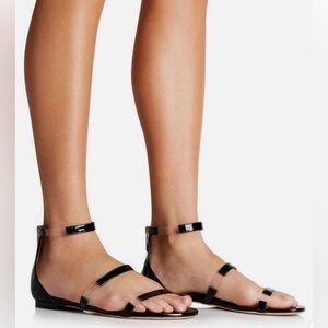 Tamara Mellon Frontline Black Patent Leather Flat Sandals